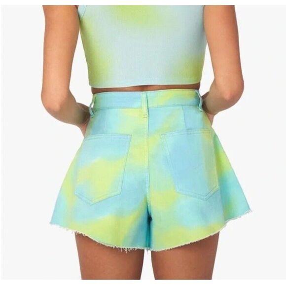 NWT Revolve WEWOREWHAT Flare Bell Short Stretch Denim~Tie‎ Dye~Retro~Boho~26 - Picture 2 of 10